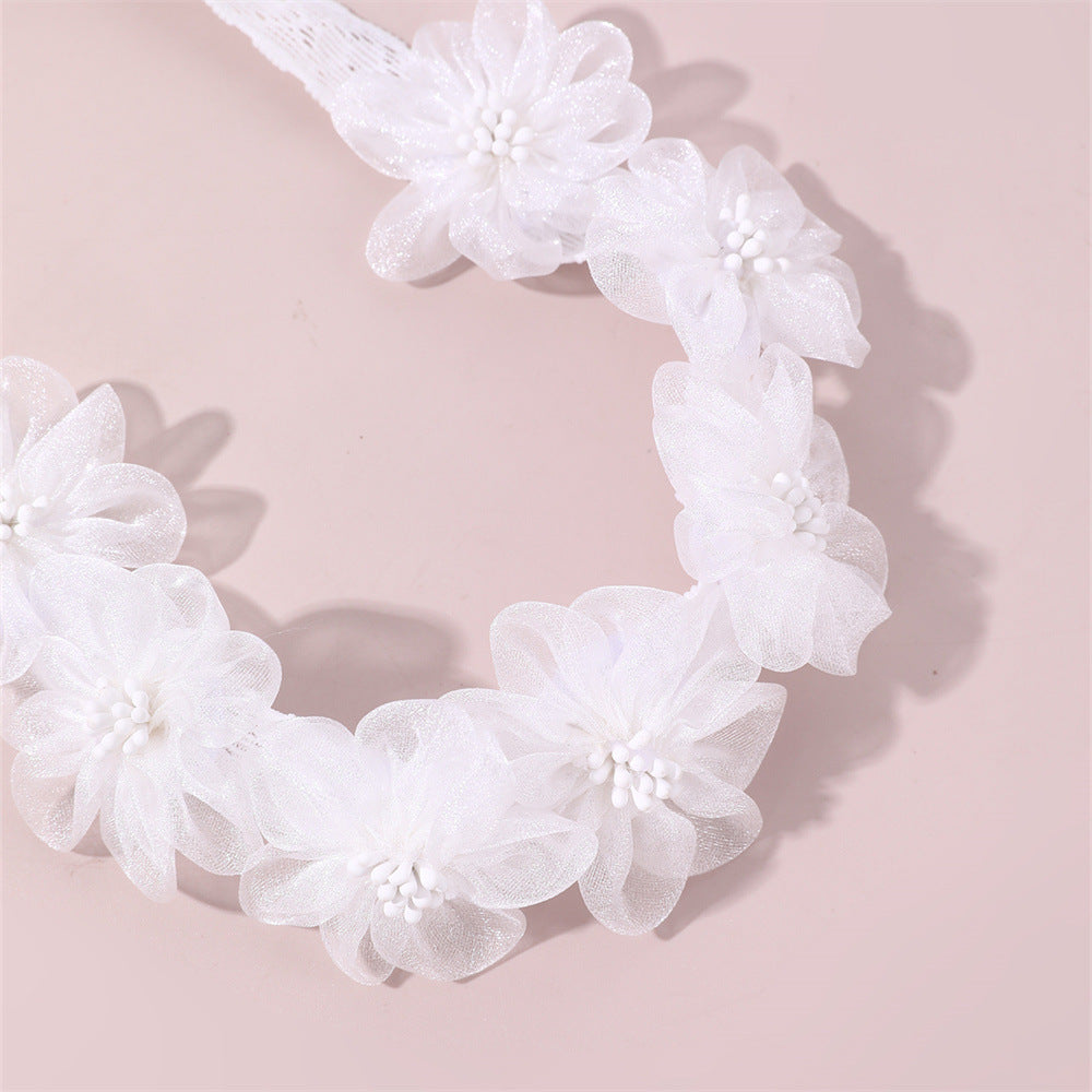 Cute Floral Hairband for Kids Made of Fabric with White Lace and Flower Embellishment