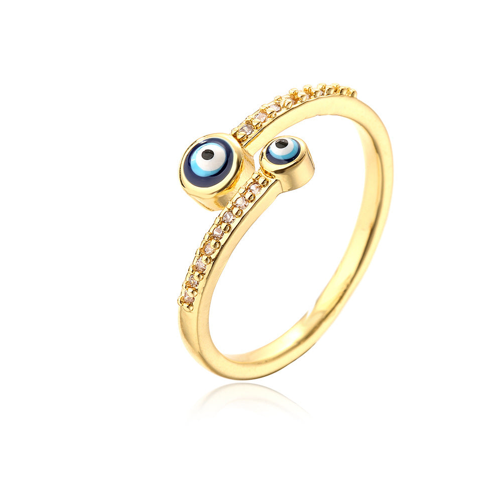 Anello Geometrico a Occhio Aperto da Donna in Rame con Placcatura in Oro 18K e Finitura Smaltata con Intarsio in Zirconi