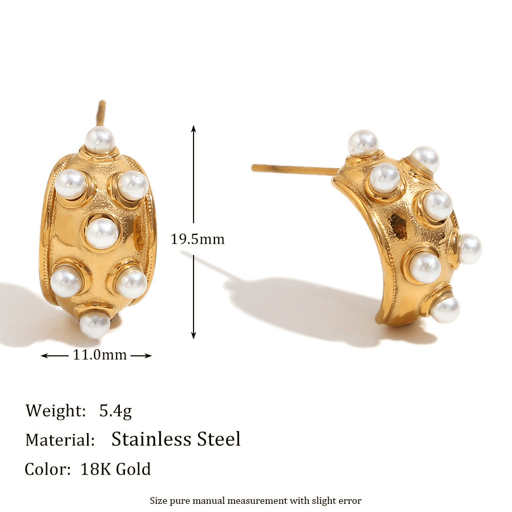 Vintage Minimalist Geometric Stainless Steel 18K Gold Plated Moon Stud Earrings for Women with Pearl-Like Accents