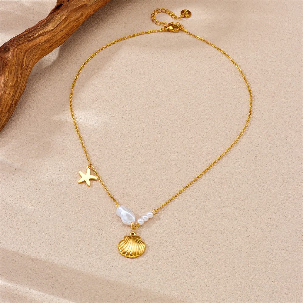 Collar Minimalista de Estrella de Mar y Concha Irregular en Acero Inoxidable con Baño de Oro en Cadena O para Mujer