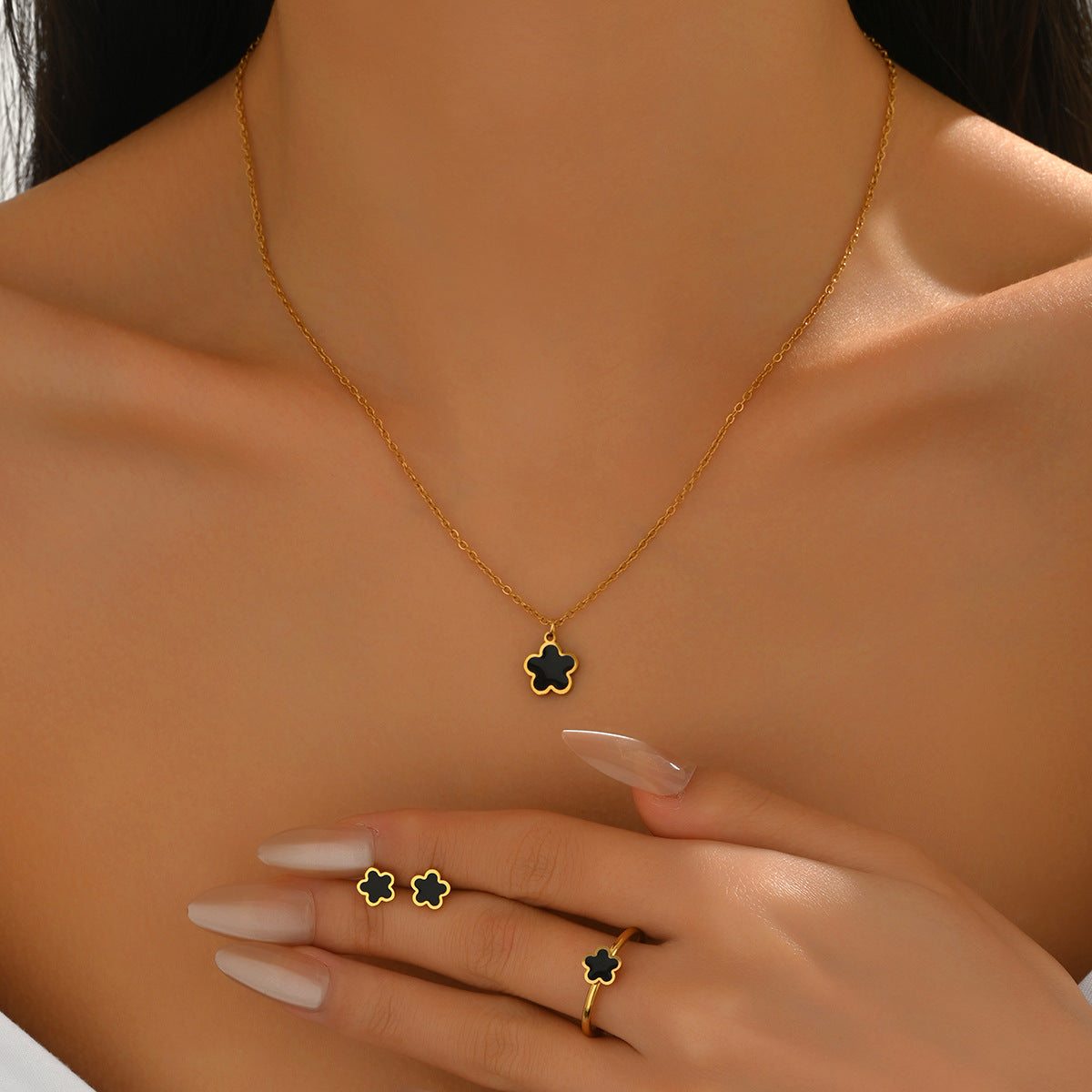 Floral Clover Geometric Pendant Necklace Set with Earrings and Bracelet for Women in Copper with Micro-Pave Setting