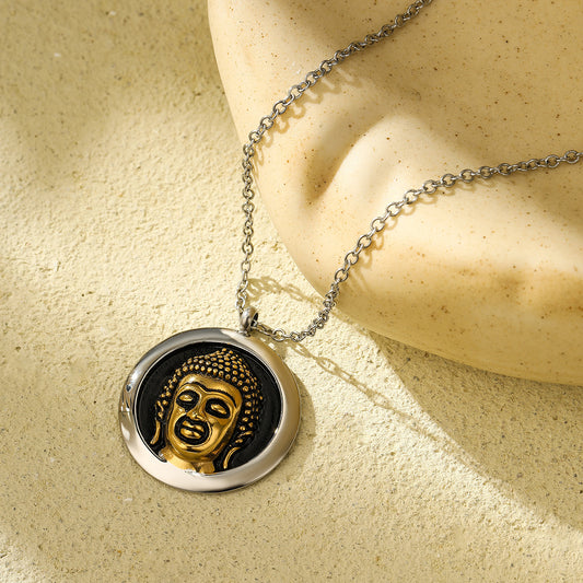 Collana con ciondolo a testa di Buddha rotonda in stile vintage in acciaio al titanio placcato oro per unisex