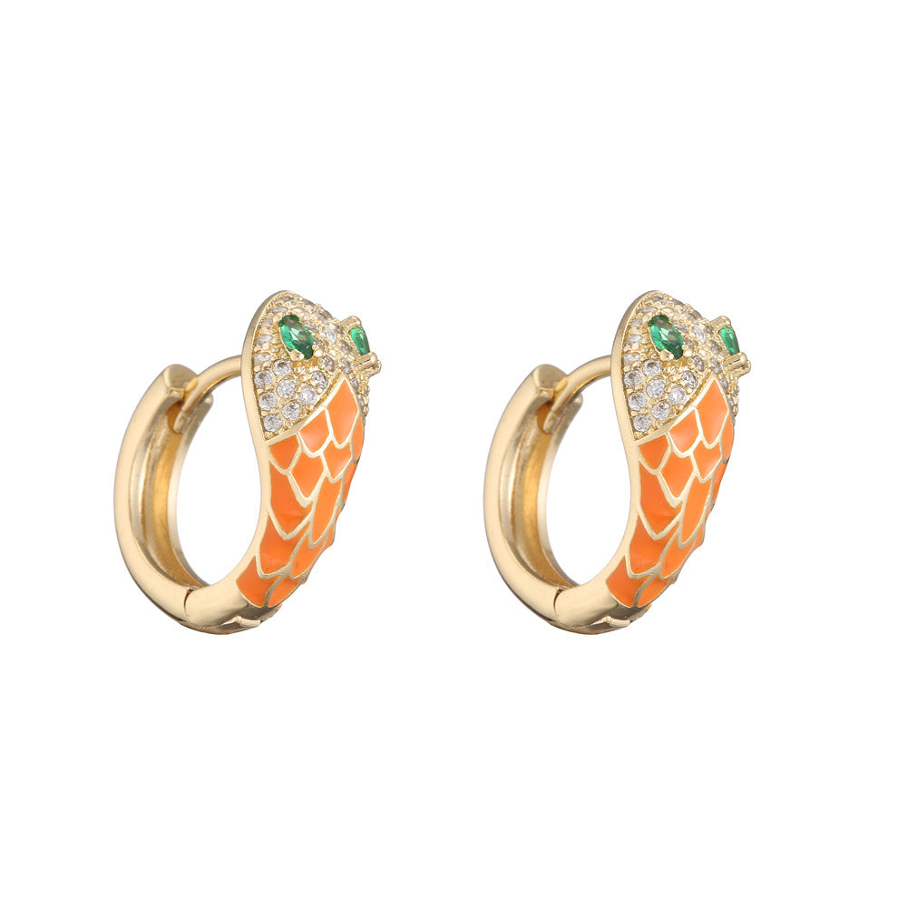 Orecchini minimalisti geometrici a forma di serpente in rame con placcatura in vero oro e zirconi micro-pavé