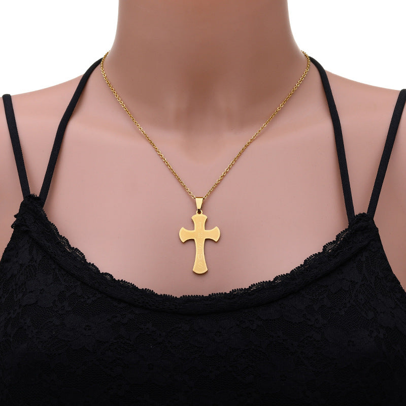Fashion Cross Pendant Necklace in Titanium Steel with Polished Gold Plating on O-Chain for Unisex Wear