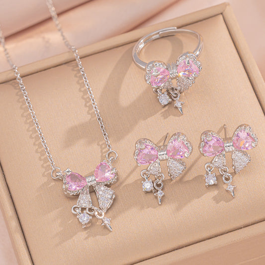 Set collana con ciondolo a fiocco alla moda per donna in acciaio al titanio con intarsio di strass e catena a O