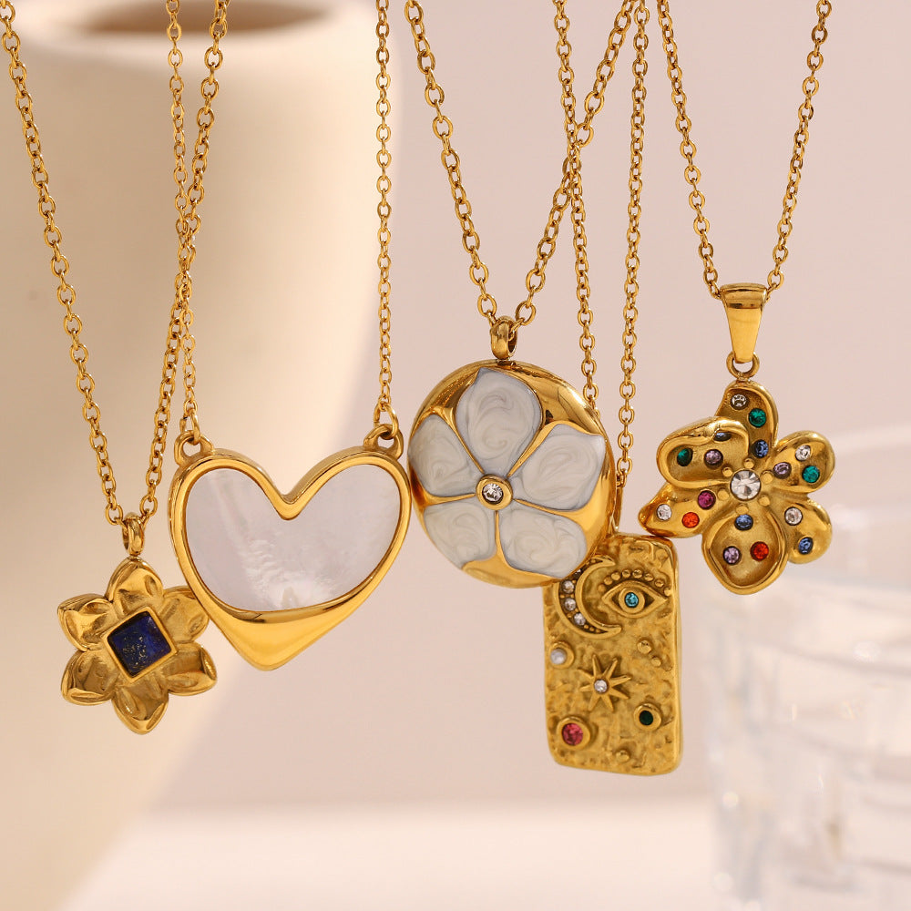 Vintage Stainless Steel Pendant Necklace with 18K Gold Plating, Heart Star Moon and Floral Design for Women