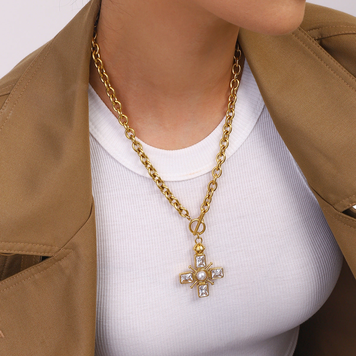 Geometric Cross Stainless Steel Plated Necklace for Women