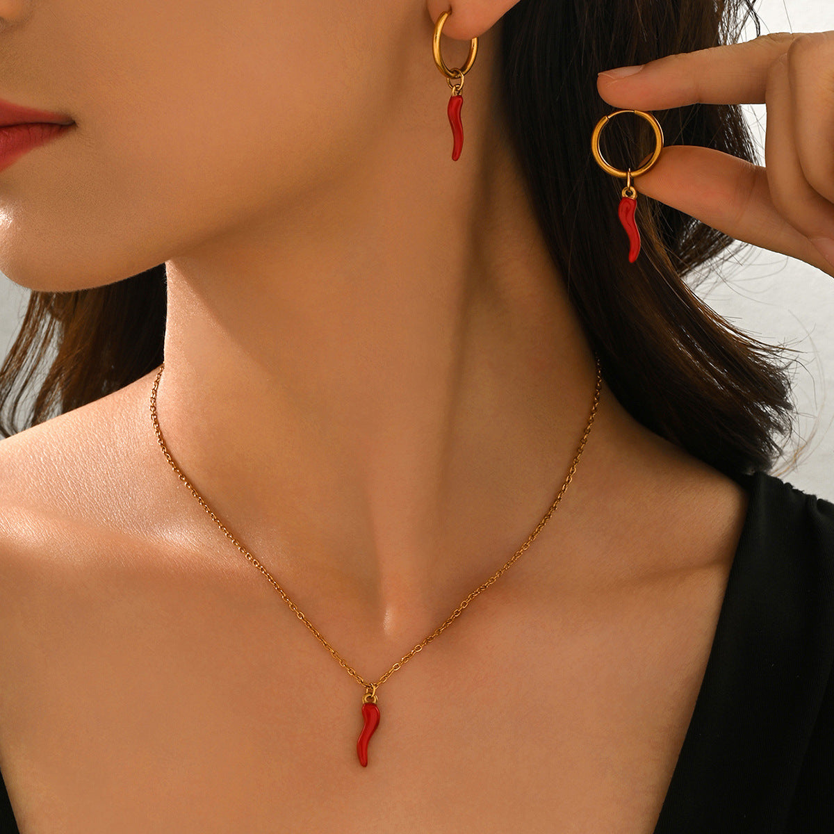 Minimalist Red Chili Pepper Stainless Steel Jewelry Set for Women with Plated Necklace and Earrings