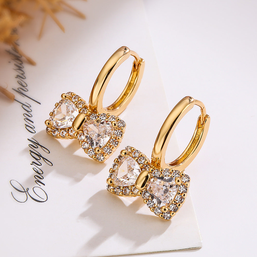 Minimalist Elegant Gold Plated Brass Geometric Bow Snowflake Earrings with Cubic Zirconia for Women