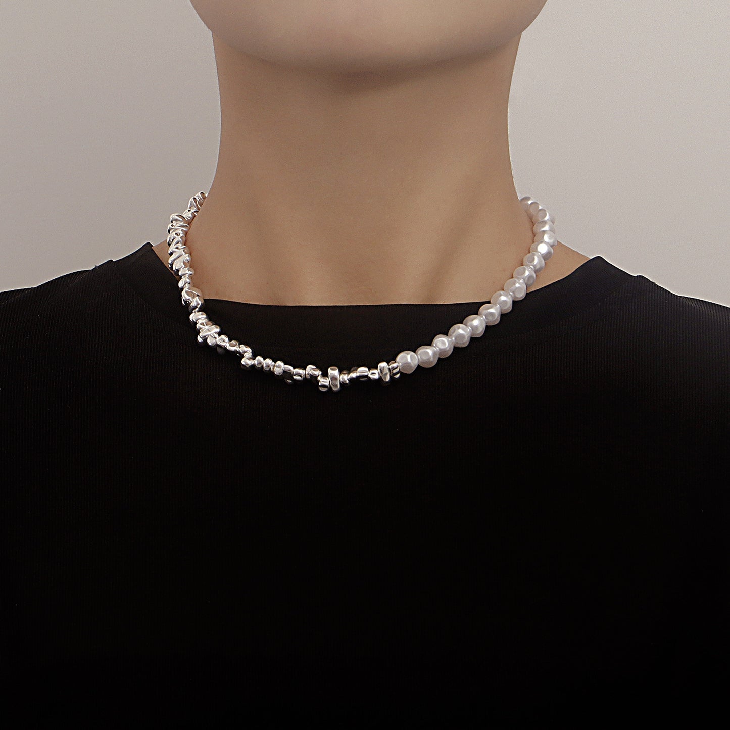 Geometric Asymmetrical Pearl Necklace with Alloy Base and Electroplated Finish for Women