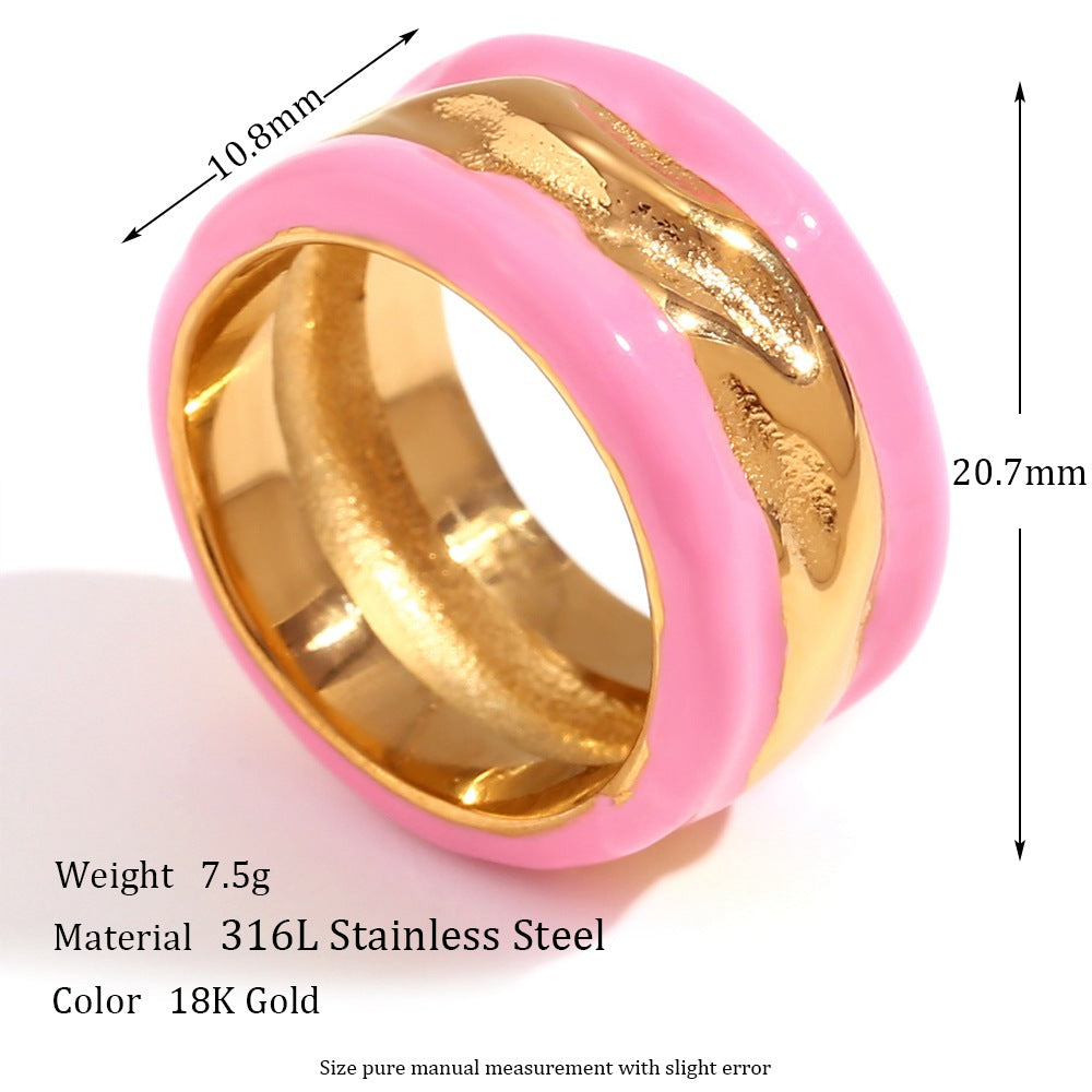 Fashionable Geometric Stainless Steel Plated 18K Gold Wave Texture Enamel Ring for Women