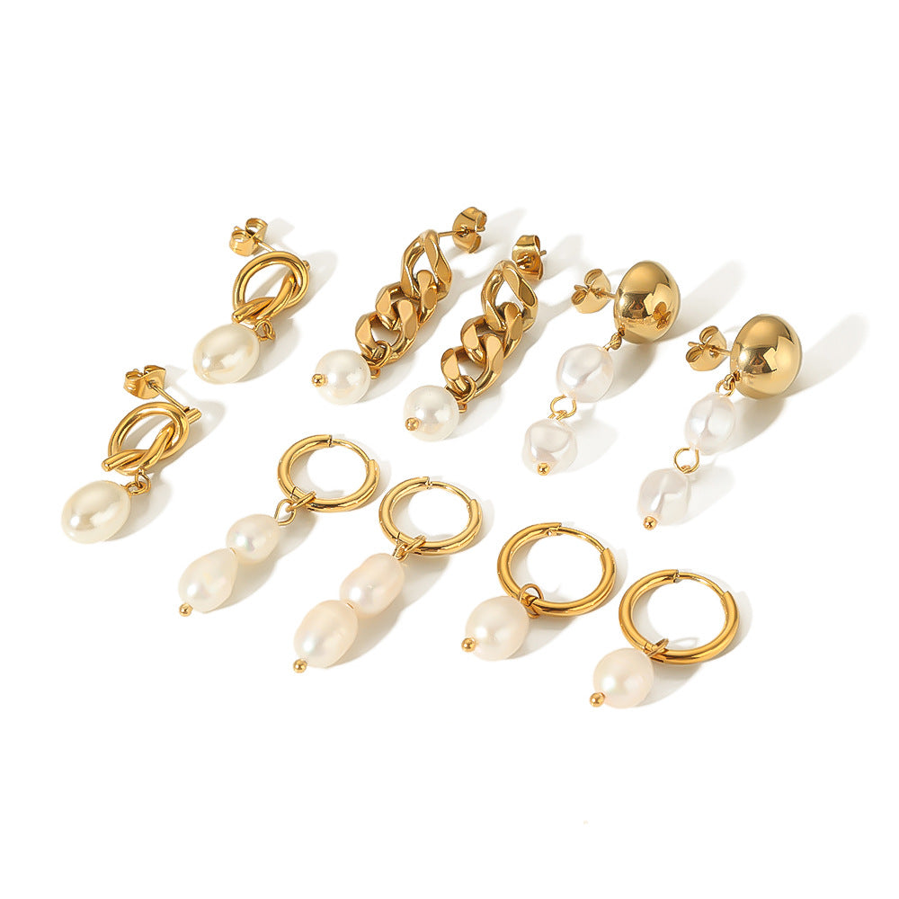 Elegant Baroque-Style Geometric Freshwater Pearl Earrings in Titanium Steel with 18K Gold Plating for Women