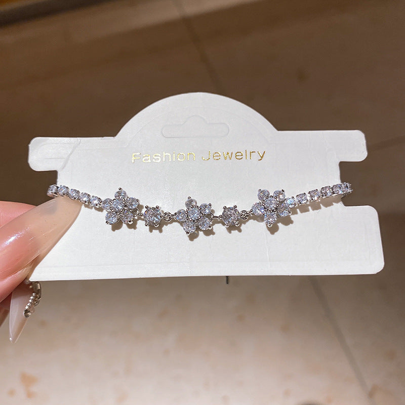Sweet Square Floral Brass Bracelet with Cubic Zirconia Inlay for Women