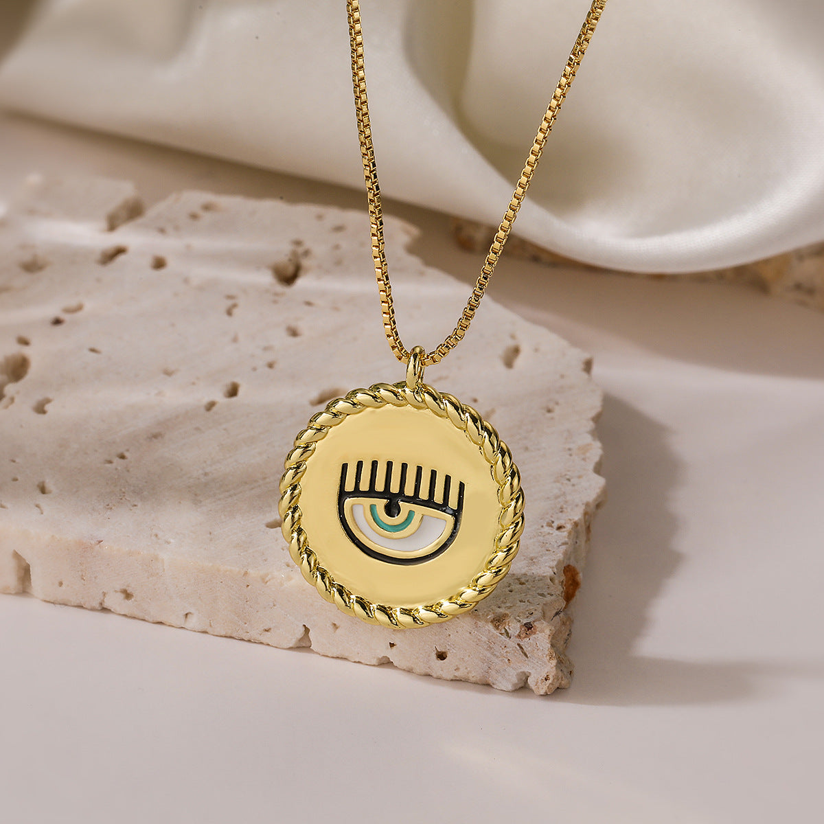 Vintage 18K Gold Plated Brass Drip Oil Geometric Evil Eye Pendant Necklace for Women