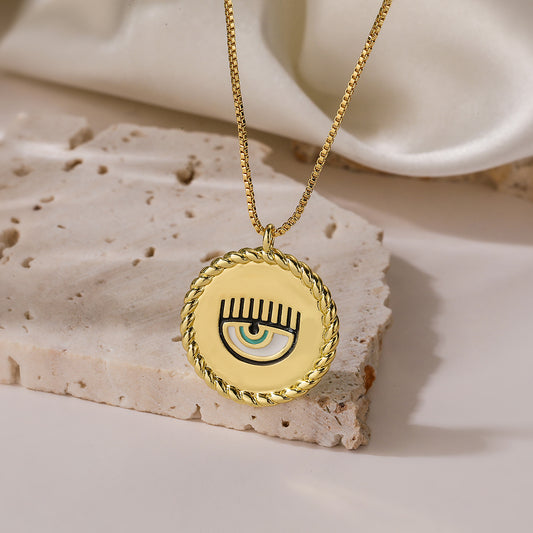 Vintage 18K Gold Plated Brass Drip Oil Geometric Evil Eye Pendant Necklace for Women