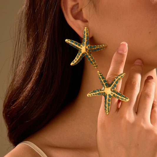 Pendientes de acero inoxidable en forma de estrella de moda con acabado de esmalte en colores inspirados en el océano para mujer
