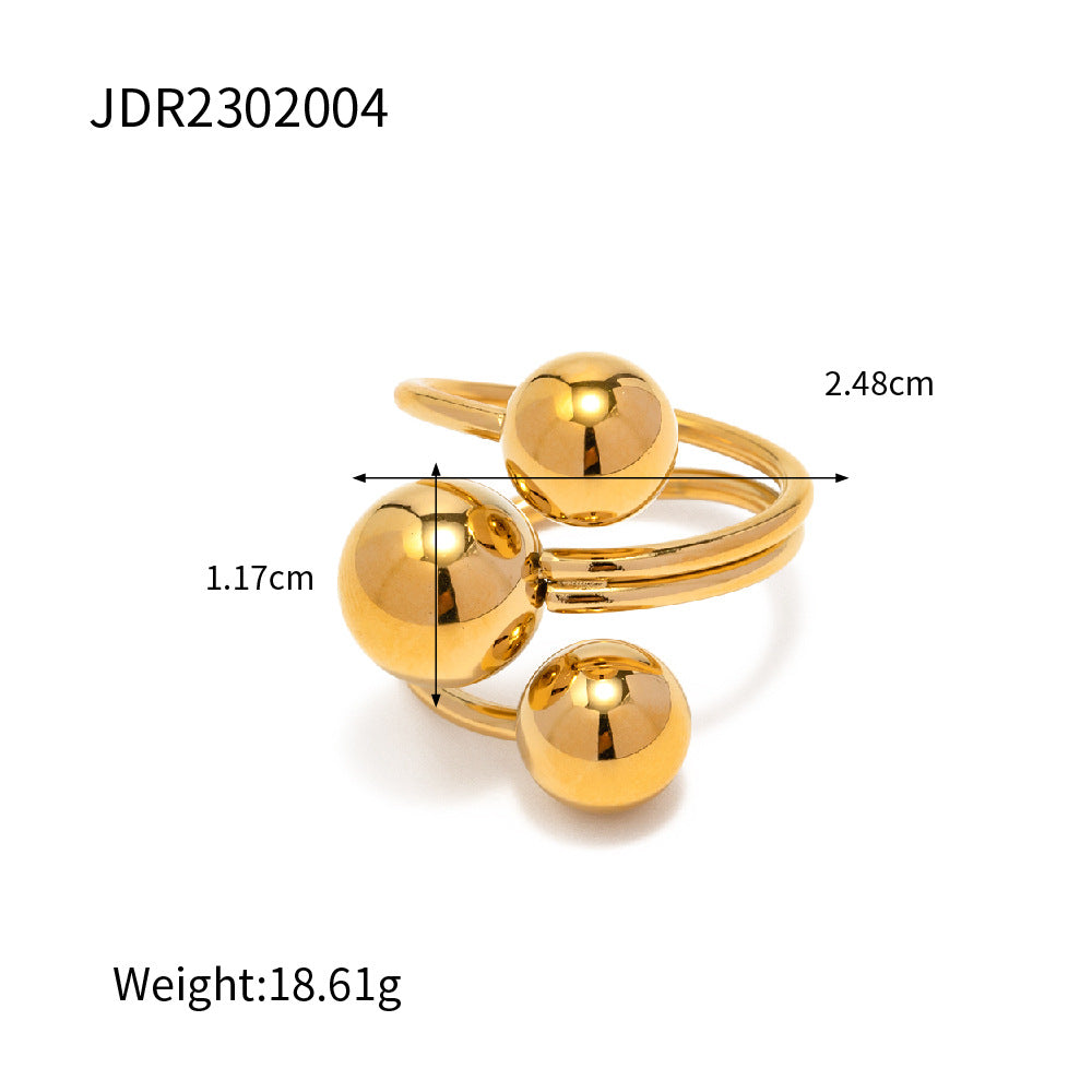 Fashionable 18K Gold Plated Stainless Steel Geometric Three-Ball Open Ring for Women