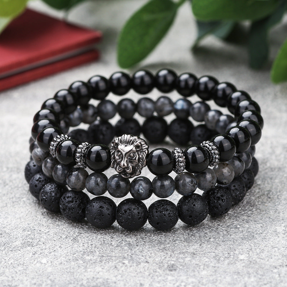 Casual Matte Geometric Round Volcanic Stone and Alloy Beaded Bracelet Set with Lion Head Charm