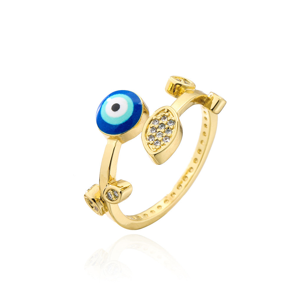 INS Style Geometric Open Ring for Women Made of Brass with Real Gold Plating Rhinestone Inlay and Enamel Eye Design