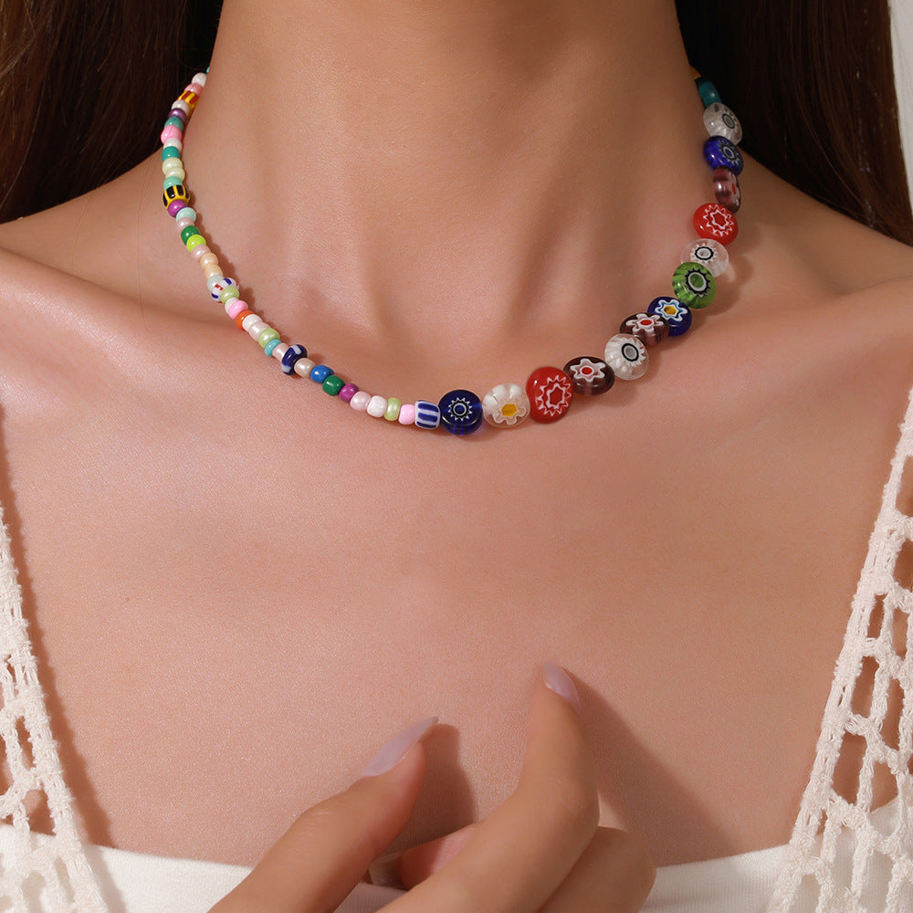 Minimalist Geometric Glass Beaded Necklace for Women with Colorful Miyu Beads and O-Chain