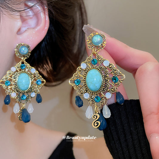 Pendientes de resina con diseño de rombo de estilo vintage con incrustaciones de diamantes de imitación para mujer, joyería minimalista geométrica para la oreja con postes de acero inoxidable