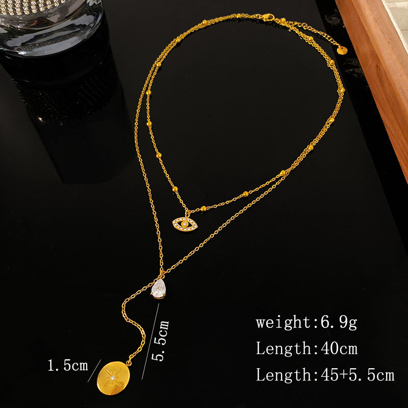 Double Layer Star Round Teardrop Cubic Zirconia Titanium Steel Necklace for Unisex