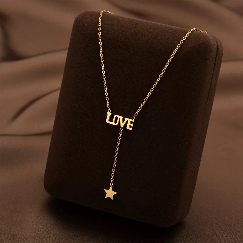 Minimalist Love Letter Pendant Necklace with Star Charm in Titanium Steel for Women
