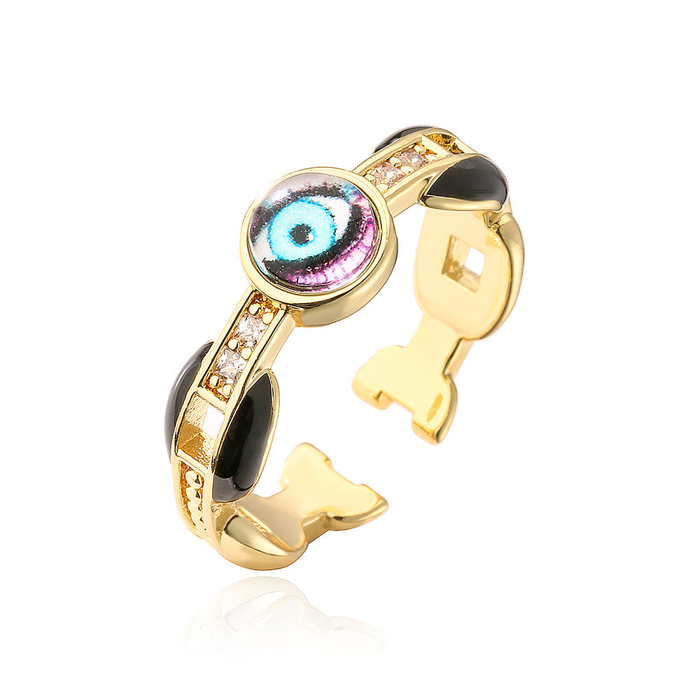 Minimalist Geometric Eye-Shaped Copper Ring with 18K Gold Plating and Enamel Finish for Women