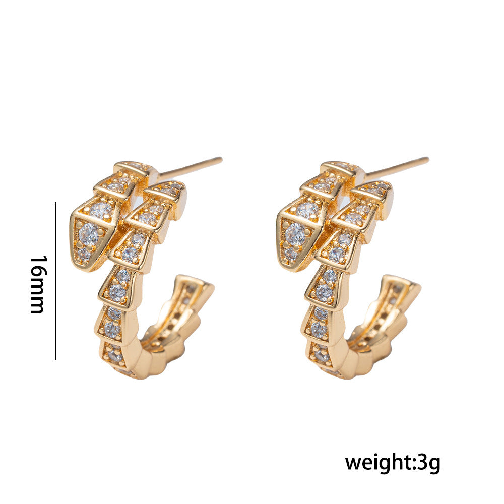 Orecchini di lusso minimalisti in rame a forma di serpente con intarsi in zircone, set di gioielli di moda regolabili per donne e uomini