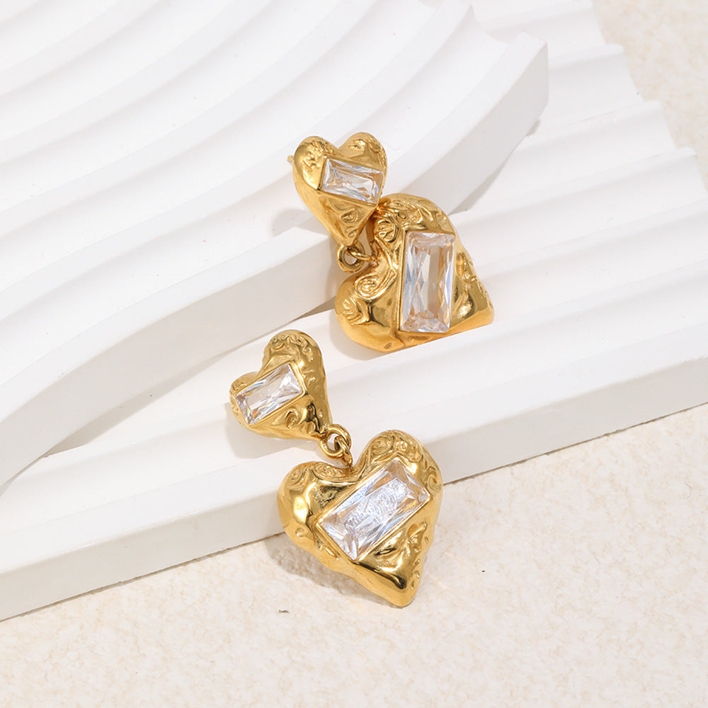 Pendientes de circonita cúbica con corazón geométrico de acero inoxidable chapado en oro de 18 quilates, lujo minimalista