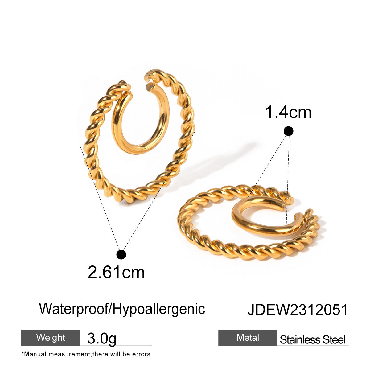 Fashion Ins Stile Acciaio Inossidabile Placcato Oro 18K Clip Orecchio a Doppia Spirale Ritorta a U per Donne