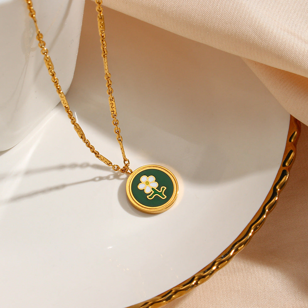 Collana con ciondolo a forma di fiore piccolo geometrico in smalto verde, stile Y2K alla moda, in acciaio inossidabile placcato oro 18K da donna