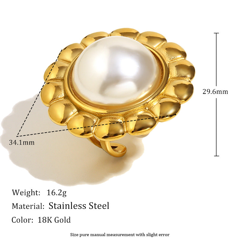 Vintage Luxury Flower-Shaped Stainless Steel Plated 18K Gold Open Ring with Pearl-Like Accents for Women