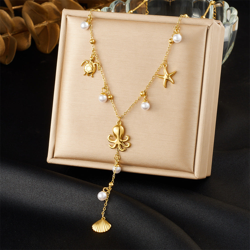 Elegant Gold Plated Stainless Steel Y-Chain Necklace with Rhinestone Floral and Star Charms