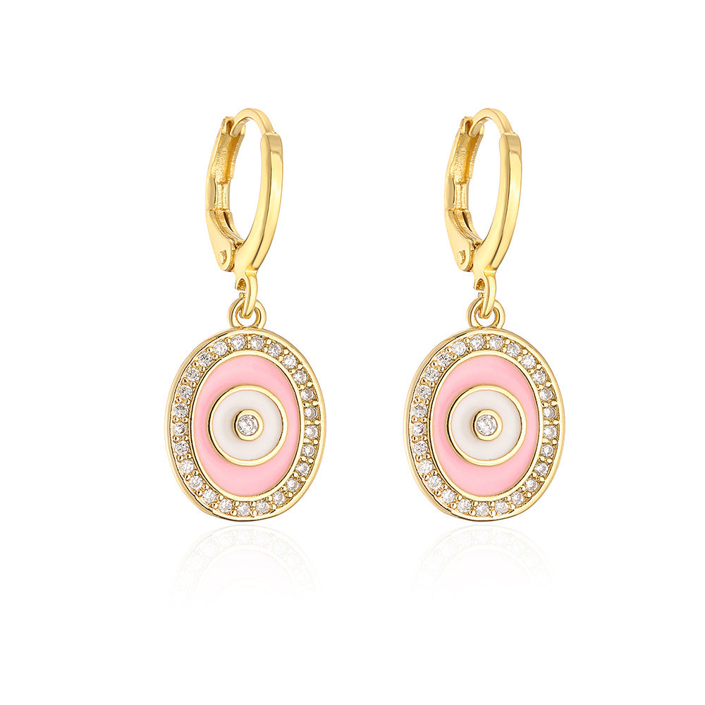 Fashionable Geometric Evil Eye Earrings for Women with Copper Base Plated in Real Gold and Zircon Inlay