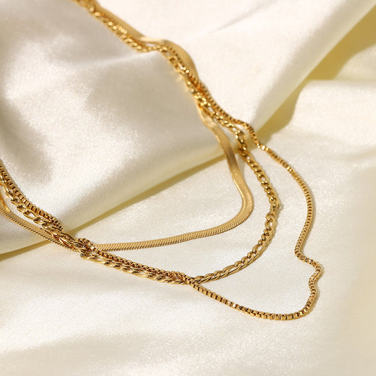 Geometric Style Stainless Steel Triple Layer Necklace with 18K Gold Plated Blade Chain for Women