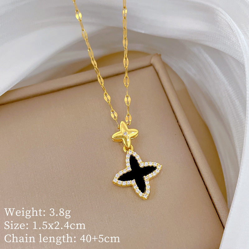 Sweet Minimalist Cross Micro-Inlaid Cubic Zirconia Brass Pendant Titanium Steel Necklace for Unisex