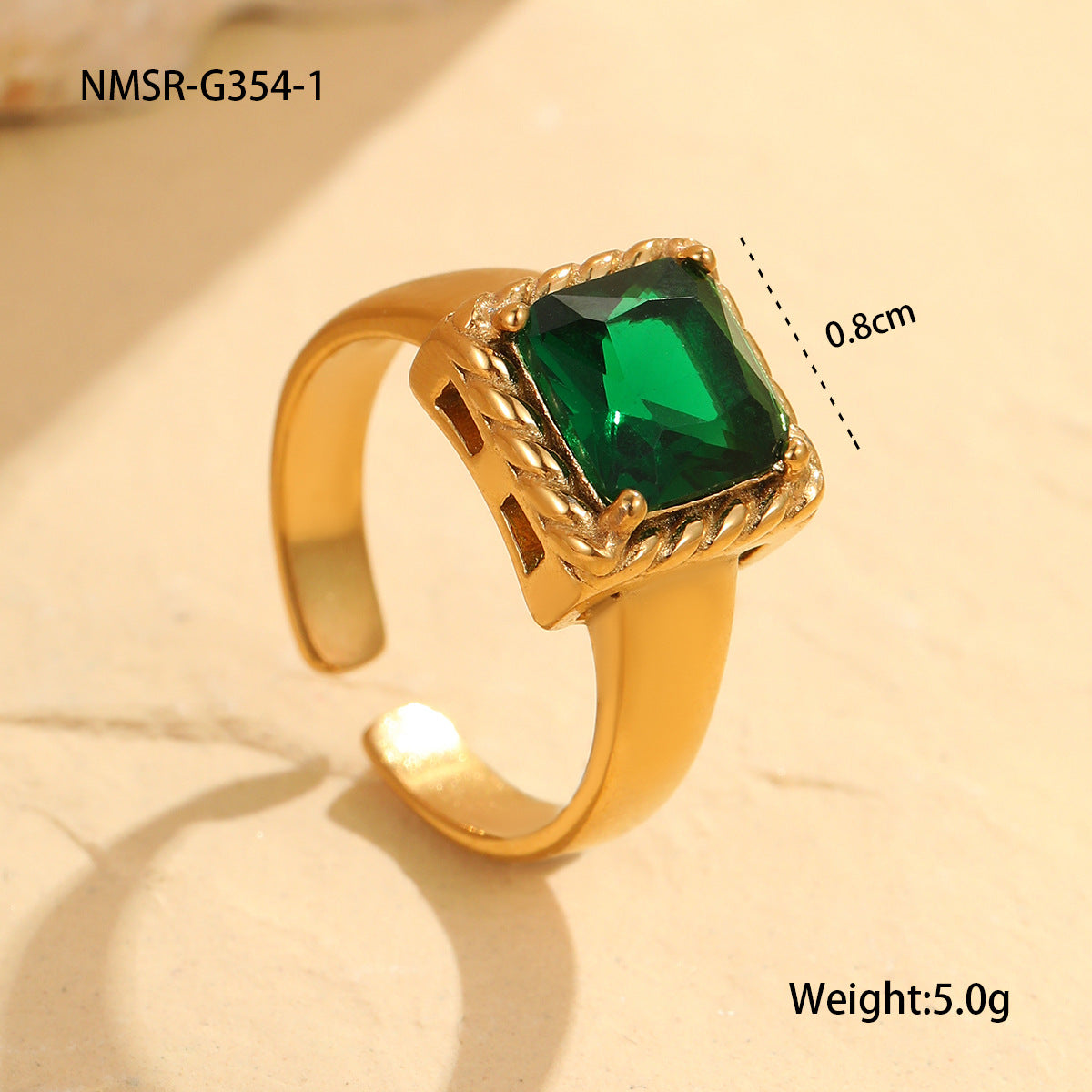 Anillo Abierto Minimalista Geométrico Cuadrado de Circonita de Acero Inoxidable con Baño de Oro de 18K para Mujer