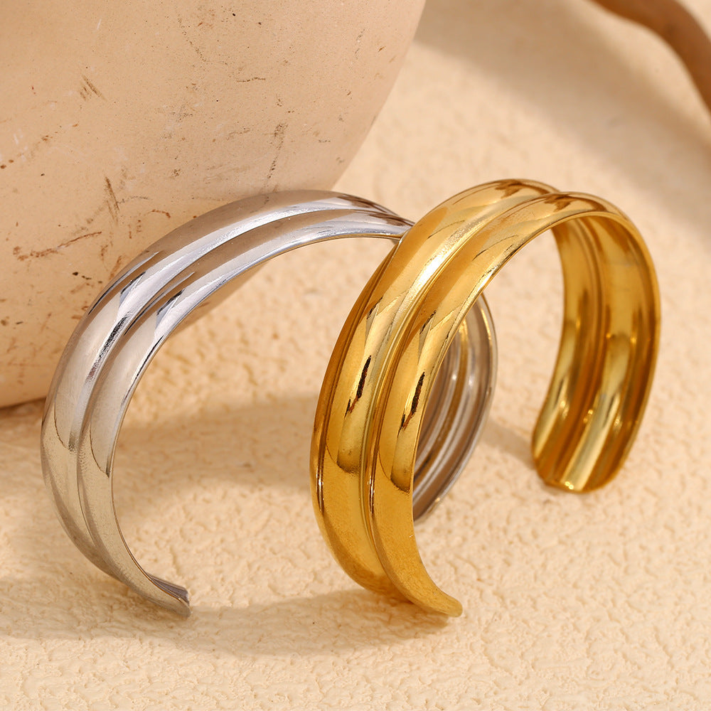 Bracciale Minimalista Elegante a Doppio Strato Largo in Acciaio Inossidabile da Donna con Placcatura in Oro 18K