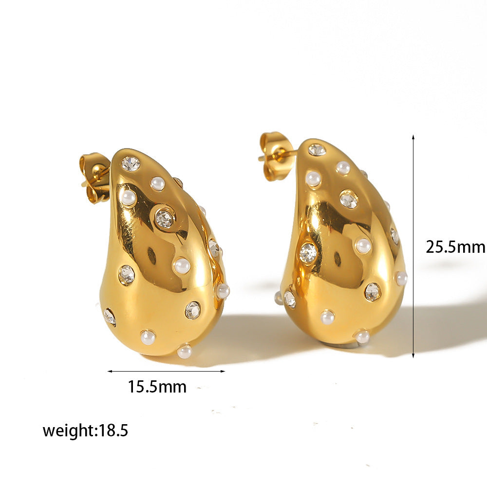 Orecchini da donna minimalisti in acciaio inossidabile a forma di goccia d'acqua con intarsio di strass e perle, finitura placcata