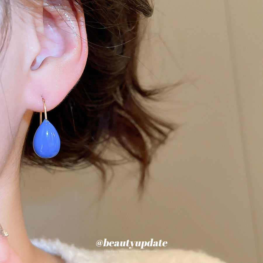 Aretes de gancho en forma de lágrima azul esmalte, estilo vintage, para mujer, con estilo de oficina minimalista de lujo