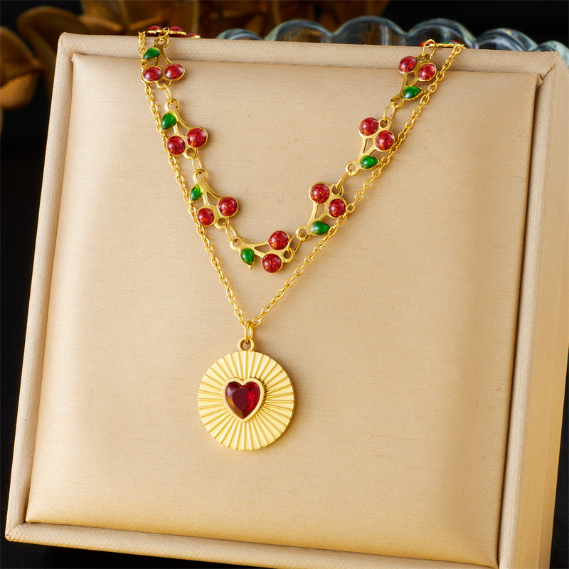 Vintage Double Layer Stainless Steel Necklace with Rhinestone and Drip Oil Cherry Heart Star Charms
