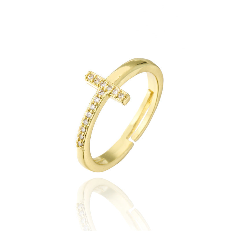 Fashion 18K Gold Plated Brass Micro-inlay Letter Ring Adjustable Open Band for Women