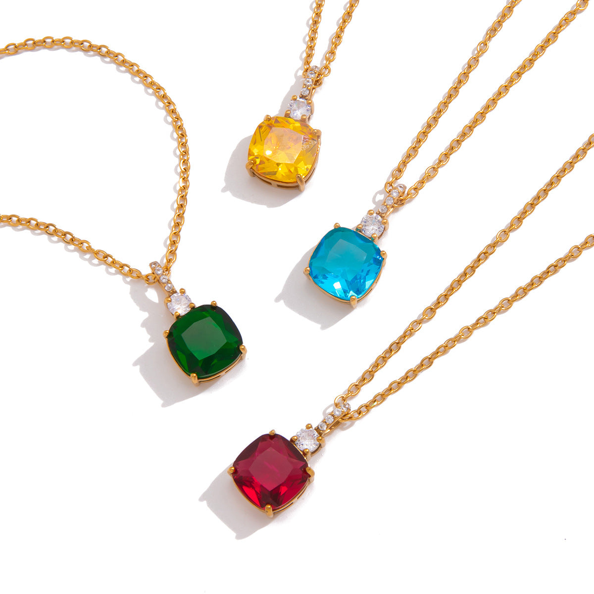 Minimalist Colorful Cubic Zirconia Geometric Square PVD Gold Plated Stainless Steel Necklace for Women