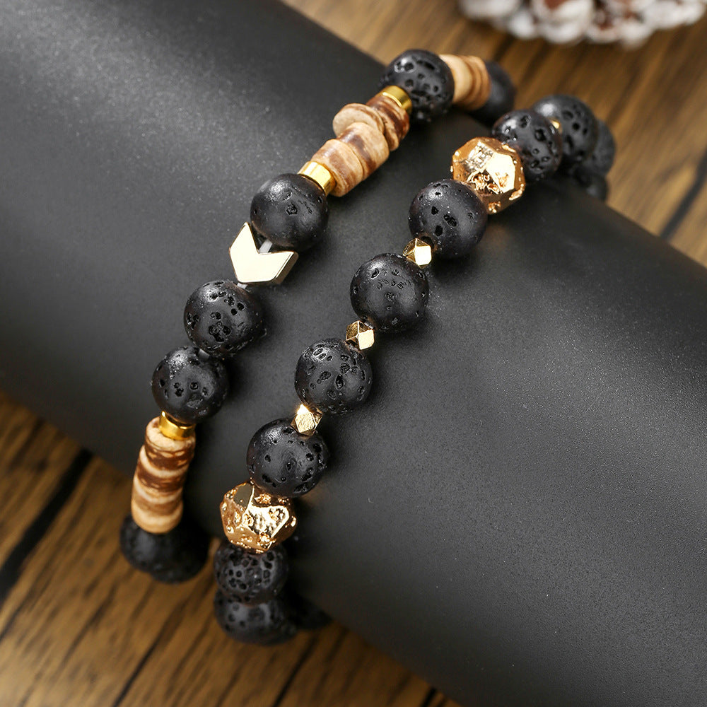 Handmade Natural Semi-Precious Stone Beaded Bracelet with Volcanic Rock and Wood Beads for Men Unisex Summer Vacation Jewelry