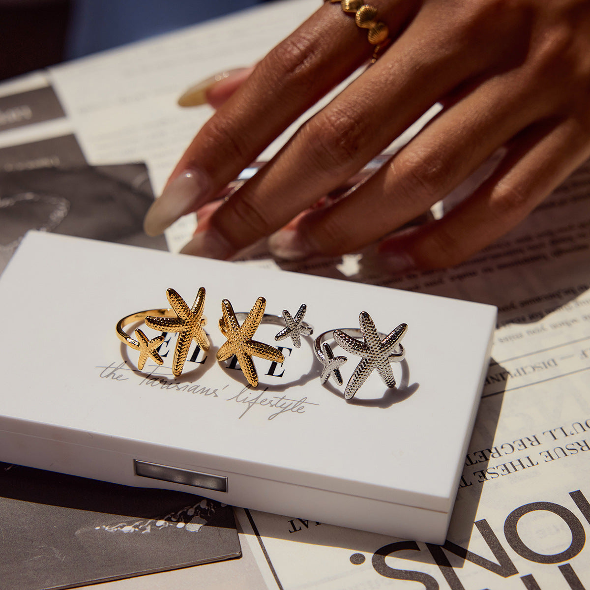 Casual Geometric Stainless Steel Plated Shell Starfish Ring for Women