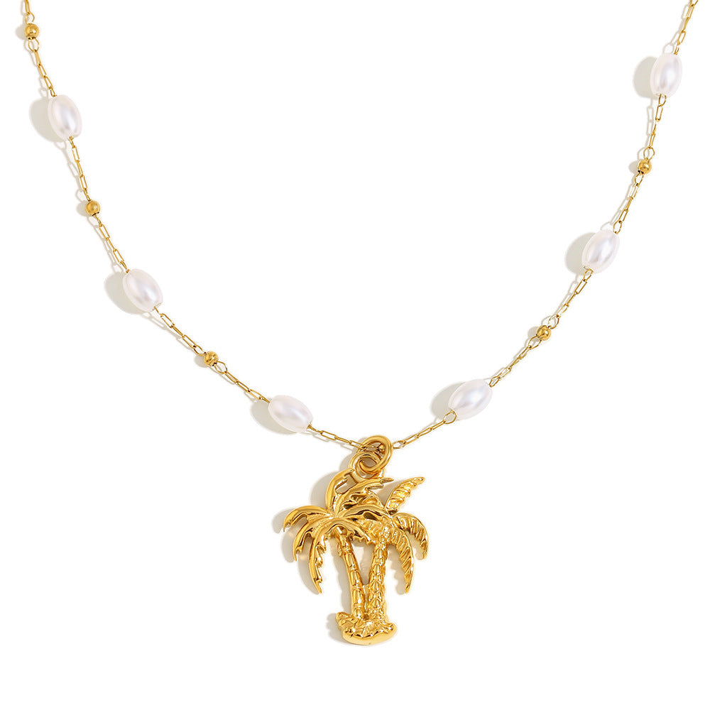 Collana con Pendente ad Albero di Cocco Tropicale alla Moda da Donna in Acciaio Inossidabile con Placcatura in Oro 18 carati e Accenti di Perle Simulate