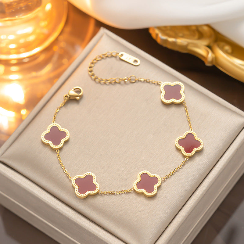 Set collana con pendente in acciaio al titanio a forma di quadrifoglio alla moda con catena a maglie per donna