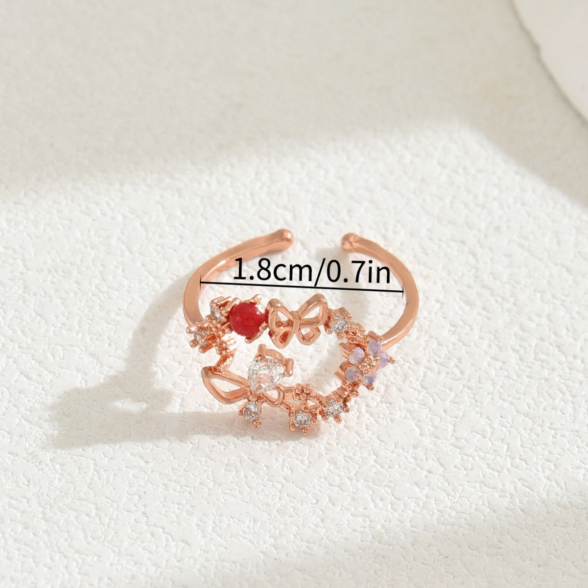 Anillo abierto para mujer minimalista, fresco y dulce con forma de lazo e incrustaciones de circonita en cobre