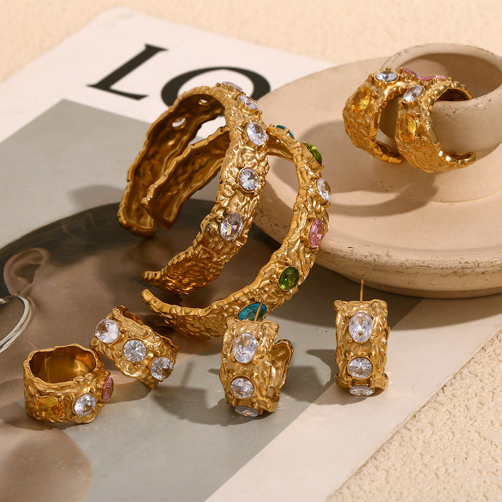 Fashionable Geometric Stainless Steel Plated 18K Gold Irregular Micro-Pave Cast Bracelet and Ring Set